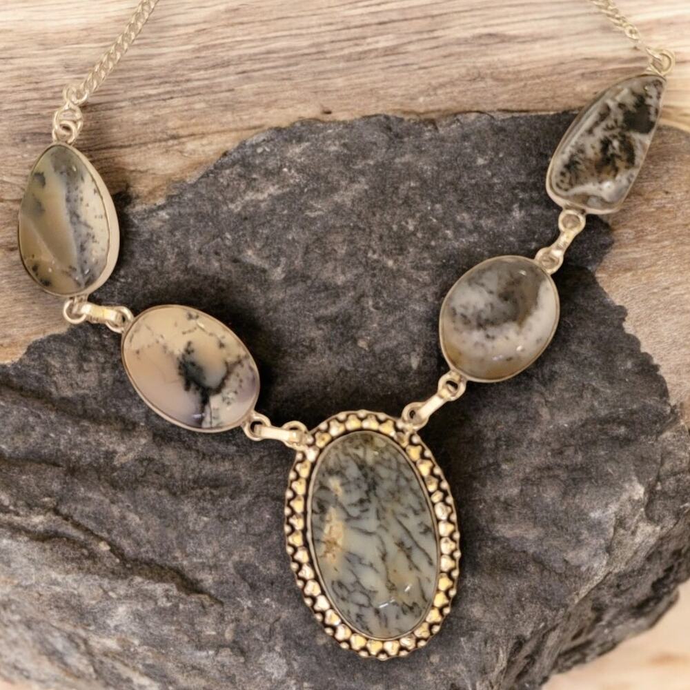 Dendritic Opal Sterling Silver Necklace, 20 Inch Handmade Gemstone Jewelry